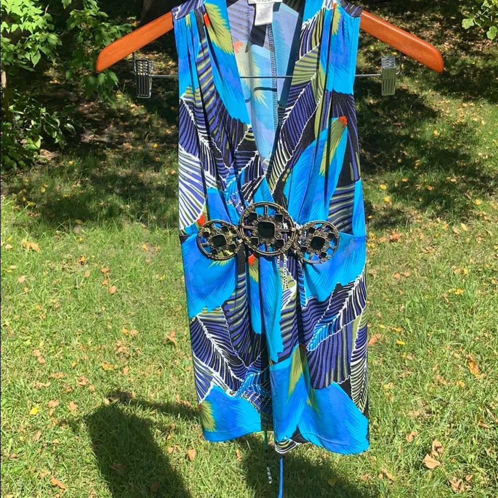 Cache Sleeveless Belted Top With Accents